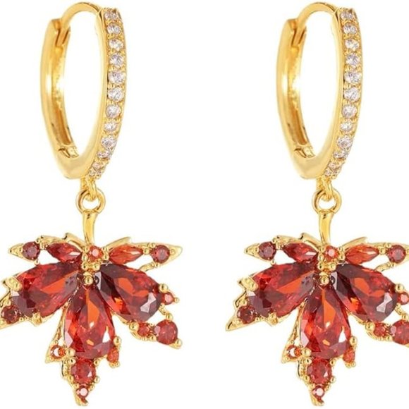 Earrings Maple Leaf Fall Harvest Dangle Leaves Gold Rhinestones Minimalist Glam - Picture 5 of 6